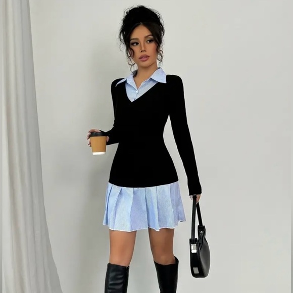 patchwork pleated mini dress Aveloria Modichic Minimalist Fashionable Commuting Daily Wear Lapel Patchwork Pleated Belted Sleeveless Mini Dress